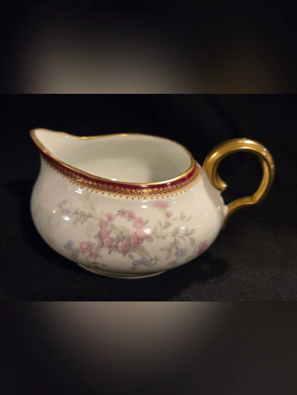 Gold-Trim Floral Porcelain Creamer - White with Pink and Lavender By Limoges